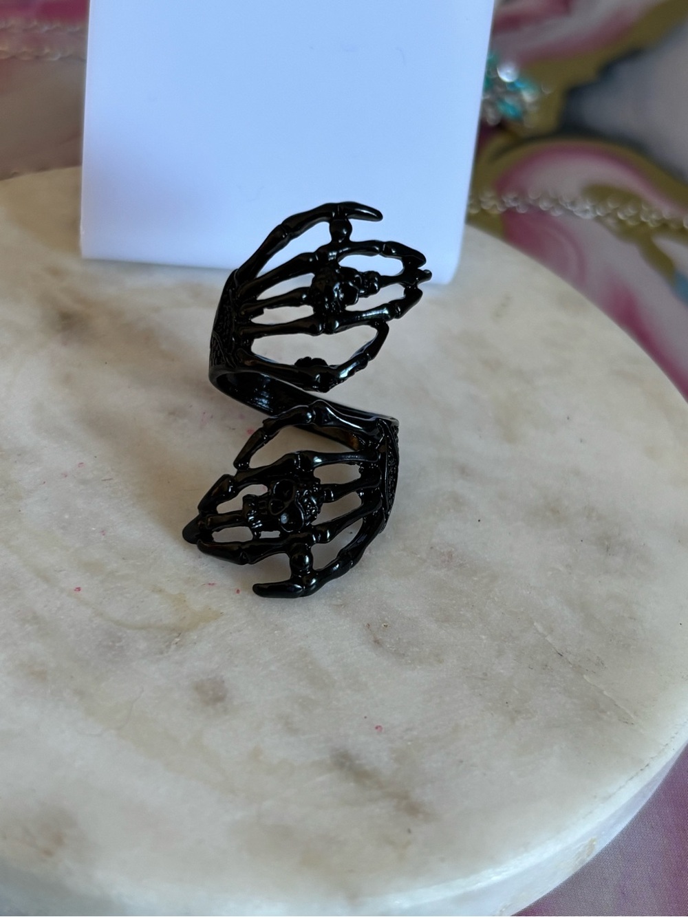 Title: Black Skeleton Hands Ring – Gothic Adjustable